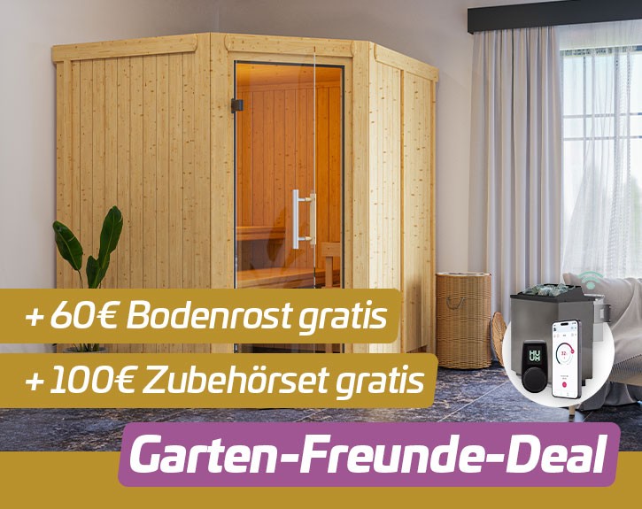 Garten-Freunde-Deal - Karibu Innensauna Auri 3 + 9kW Bio-Kombiofen + WIFI Steuerung - 68mm Systemsauna - Ecksauna - Ganzglastür klar