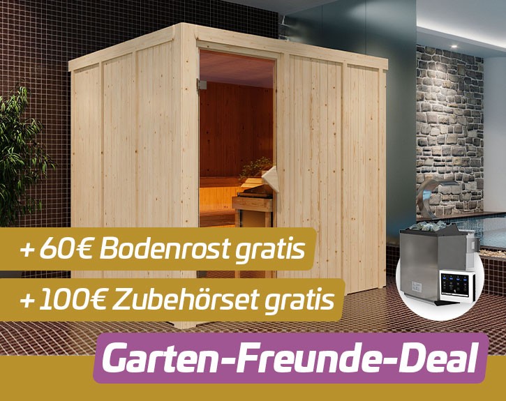 Garten-Freunde-Deal - Karibu Innensauna Auri 4 + 9kW Bio-Kombiofen + externe Steuerung - 68mm Systemsauna - Ganzglastür bronziert