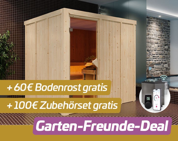 Garten-Freunde-Deal - Karibu Innensauna Auri 4 + 9kW Bio-Kombiofen + WIFI Steuerung - 68mm Systemsauna - Ganzglastür bronziert