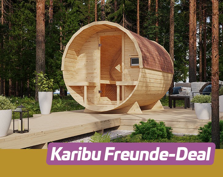 KARIBU FREUNDE DEAL Fasssauna Gardenfriends + Terrasse - 38mm Saunafass - Tonnendach - natur