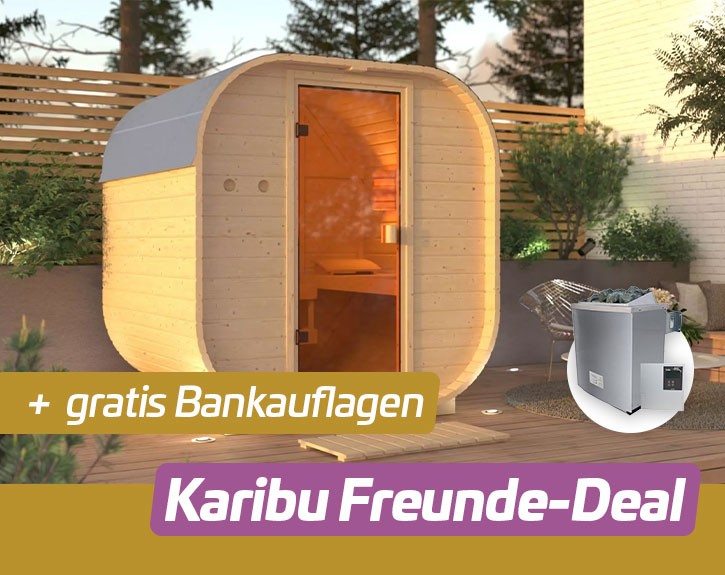 KARIBU FREUNDE DEAL Fasssauna Gardenfriends Quadro + 9kW Saunaofen + Steuerung Classic - 38mm Fassauna - Tonnendach - natur