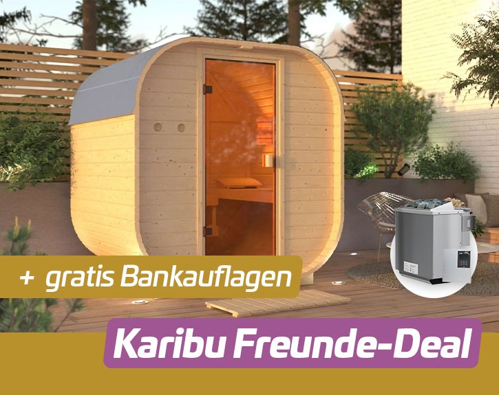 KARIBU FREUNDE DEAL Fasssauna Gardenfriends Quadro + 9kW Bio-Kombiofen + Steuerung Classic - 38mm Fassauna - Tonnendach - natur