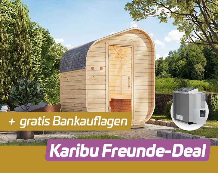 KARIBU FREUNDE DEAL Fasssauna Gardenfriends Asymmetrisch + 9kW Saunaofen + Steuerung Classic - 38mm Fassauna - Tonnendach - natur