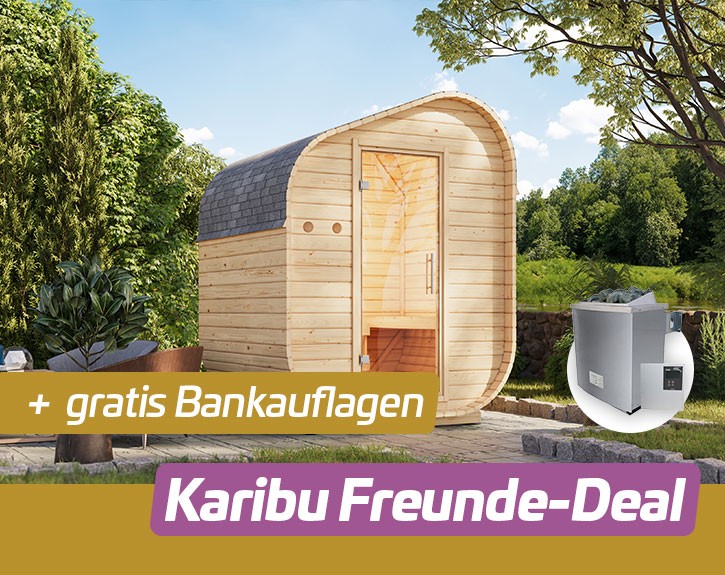 KARIBU FREUNDE DEAL Fasssauna Gardenfriends Asymmetrisch + 9kW Bio-Kombiofen + Steuerung Classic - 38mm Fassauna - Tonnendach - natur