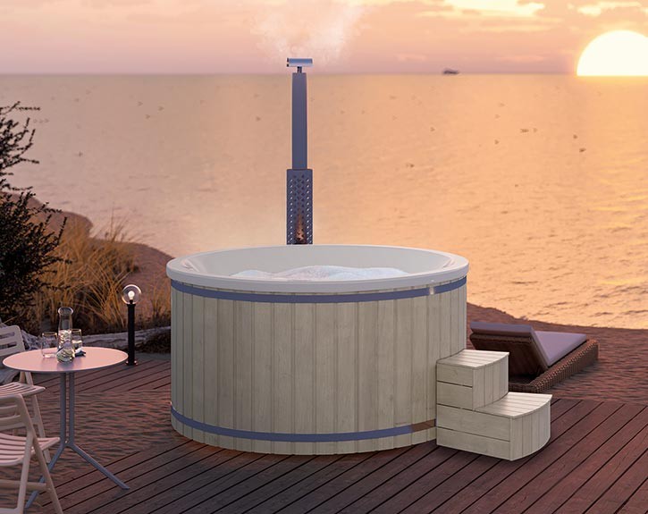 Finnhaus Wolff Hot Tub Bodil 2323 + LED-Beleuchtung + Wassermassagesystem 8 - Silbergrau/Cremeweiß