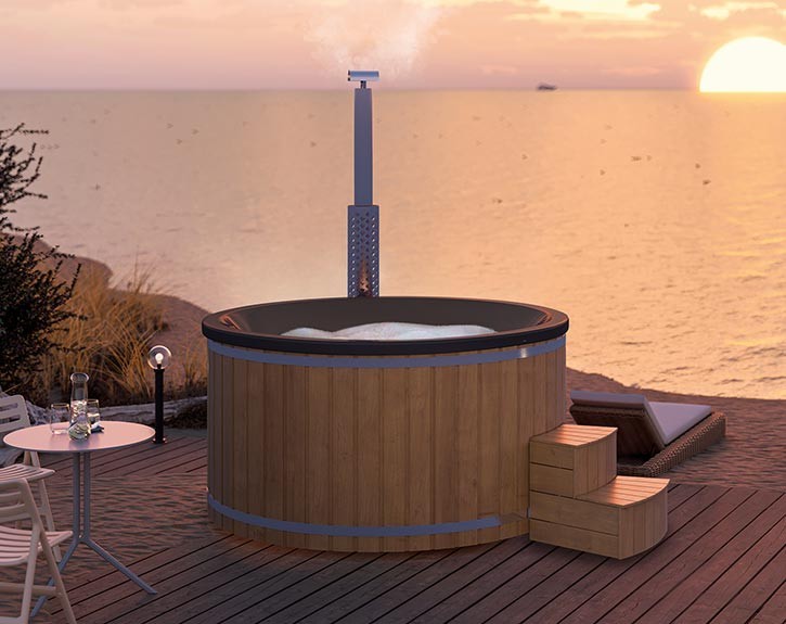 Finnhaus Wolff Hot Tub Bodil 2323 + Multi-LED-Beleuchtung + Wassermassagesystem 16 - Thermoholz/Schwarz