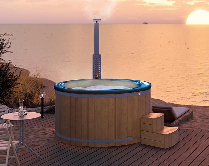 Finnhaus Wolff Hot Tub Bodil 2323 + Multi-LED-Beleuchtung + Wassermassagesystem 16 - Thermoholz/Blau