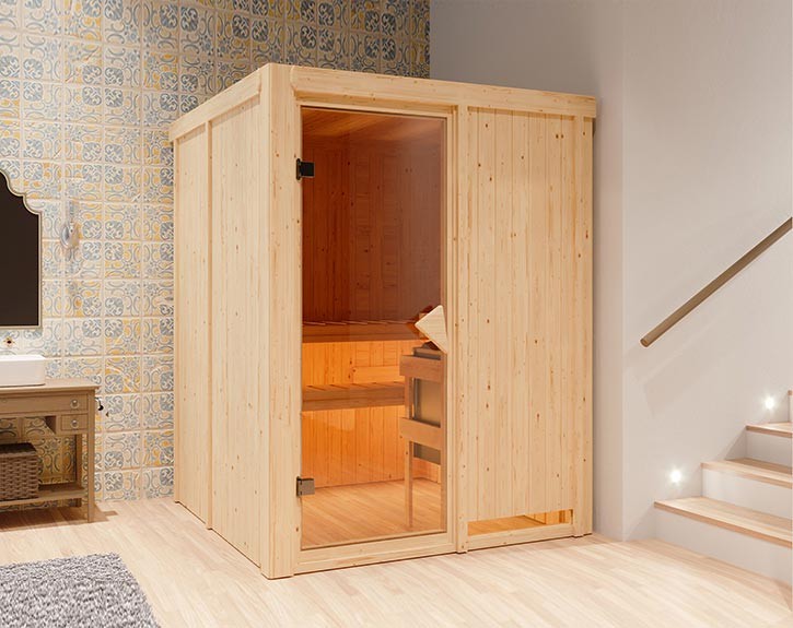 Karibu Innensauna Minja - 68mm Elementsauna - Ganzglastür bronziert - 230V Sauna