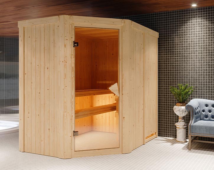 Karibu Innensauna Saja - 68mm Elementsauna - Ganzglastür bronziert - 230V Sauna - Ecksauna