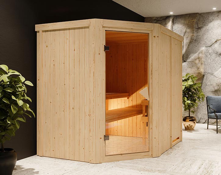 Karibu Innensauna Lilja - 68mm Elementsauna - Ganzglastür bronziert - 230V Sauna - Ecksauna