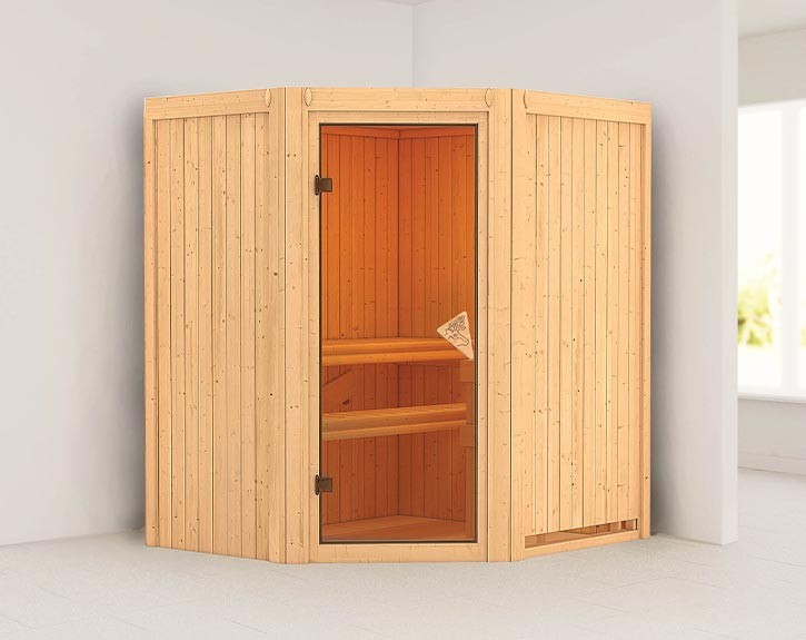 Karibu Innensauna Tonja - 68mm Elementsauna - Ganzglastür bronziert - Ecksauna - 230V Sauna