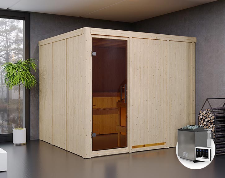 Karibu Innensauna Gobin + 9kW Bio-Kombiofen + externe Steuerung Easy bio - 68mm Elementsauna - Ganzglastür graphit