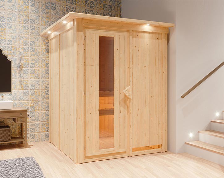 Karibu Innensauna Minja + Dachkranz - 68mm Elementsauna - Energiespartür - Energiesparsauna