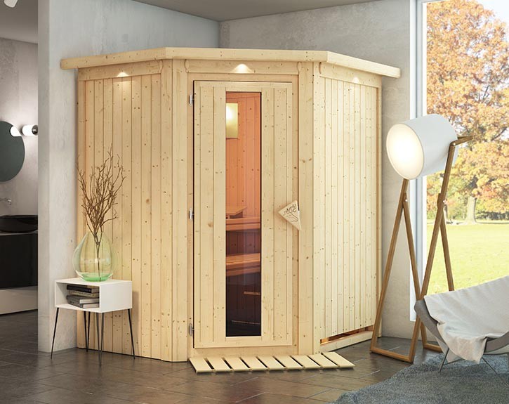 Karibu Innensauna Tonja + Dachkranz - 68mm Elementsauna - Energiespartür - Ecksauna - Energiesparsauna