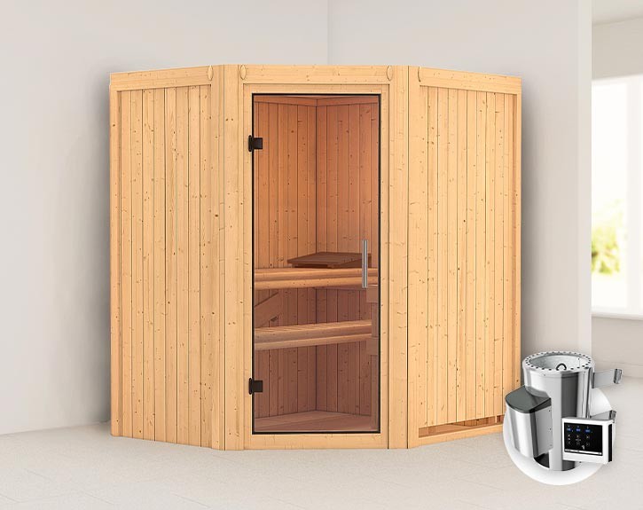 Karibu Innensauna Tonja + 3,6kW Plug&Play Saunaofen + externe Steuerung Easy - 68mm Elementsauna - Ganzglastür klar - Ecksauna - 230V Sauna