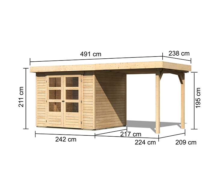 Karibu Holz-Gartenhaus Askola Anbaudach Lamellenwände 19mm - natur + + - - Elementhaus Flachdach 2,4m 3