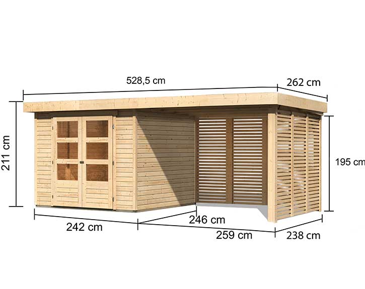 Karibu Holz-Gartenhaus Askola 5 - 19mm Elementhaus Lamellenwände + Anbaudach - + - natur 2,8m Flachdach