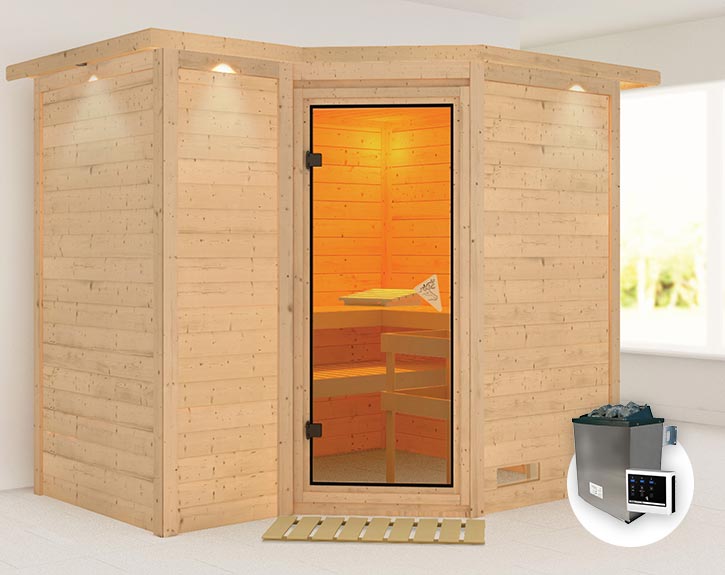 Karibu Innensauna Sahib 2 9kW + - + externe Easy + Saunaofen + Comfort-Ausstattung Dachkranz Steuerung
