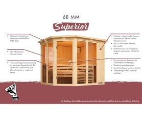 Karibu Innensauna Alcinda + Glasfront + Superior-Ausstattung + Dachkranz + 9kW Saunaofen + integrierte Steuerung - 68mm Elementsauna - Ecksauna