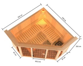 Karibu Innensauna Alcinda + Glasfront + Superior-Ausstattung + Dachkranz + 9kW Saunaofen + integrierte Steuerung - 68mm Elementsauna - Ecksauna