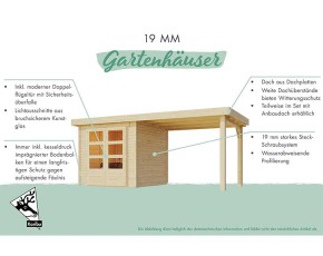 Karibu Holz-Gartenhaus Schwandorf 3 + 2,4m Anbaudach + Rückwand - 19mm Elementhaus - 5-Eck-Gartenhaus - Flachdach - natur