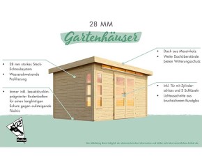 Karibu Holz-Gartenhaus Neuruppin 2 + 3,2m Anbaudach + Rückwand - 28mm Elementhaus - Flachdach - natur