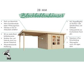 Karibu Holz-Gartenhaus Bastrup 7 + 3m Anbaudach + Rückwand - 28mm Blockbohlenhaus - Pultdach - natur