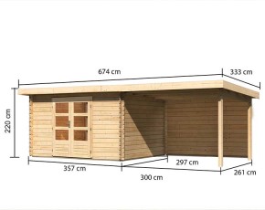 Karibu Holz-Gartenhaus Bastrup 7 + 3m Anbaudach + Rückwand - 28mm Blockbohlenhaus - Pultdach - natur