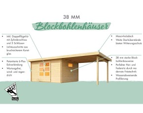 Karibu Holz-Gartenhaus Trittau 5 + 4,4m Anbaudach + Rückwand - 38mm Blockbohlenhaus - Gartenhaus Lounge - Pultdach - natur