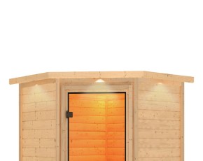 Karibu Innensauna Sahib 2 + Comfort-Ausstattung + Dachkranz - 38mm Blockbohlensauna - Ganzglastür bronziert - Ecksauna