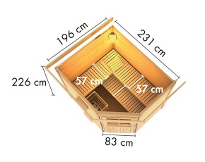 Karibu Gartensauna Mikka - 38mm Saunahaus - Ecksauna - Pultdach - Moderne Saunatür - terragrau