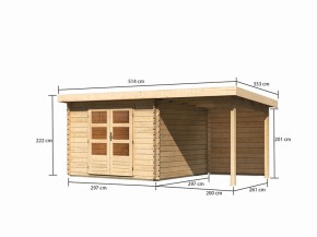 KARIBU FREUNDE-DEAL Holz-Gartenhaus Malta Premium 3 mit 2m Anbaudach + Rückwand - 28mm Blockbohlenbau - natur - inkl. Boden