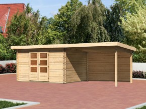 KARIBU FREUNDE-DEAL Holz-Gartenhaus Malta Premium 4 mit 3m Anbaudach + Rückwand - 28mm Blockbohlenbau - natur - inkl. Boden