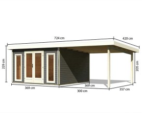 Karibu Holz-Gartenhaus Radeburg 3 + 3,3m Anbaudach - 38mm Elementhaus - Pultdach - terragrau