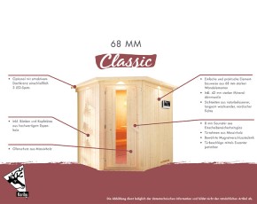 Karibu Innensauna Larin + 9kW Saunaofen + externe Steuerung - 68mm Elementsauna - Ganzglastür graphit - Ecksauna