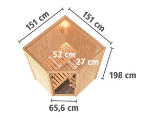 Karibu Innensauna Larin + 9kW Saunaofen + externe Steuerung - 68mm Elementsauna - Ganzglastür graphit - Ecksauna