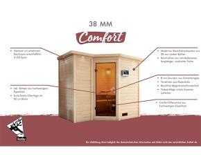 Karibu Innensauna Sahib 1 + Comfort-Ausstattung + 9kW Saunaofen + externe Steuerung - 38mm Blockbohlensauna - Energiespartür - Ecksauna