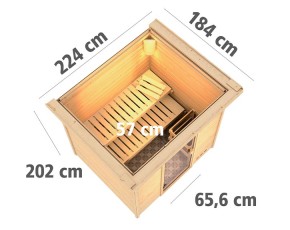 Karibu Innensauna Anja + Dachkranz + 9kW Saunaofen + integrierte Steuerung - 38mm Blockbohlensauna - Ganzglastür klar