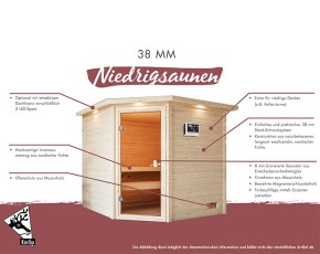 Karibu Innensauna Elea + 9kW Saunaofen + externe Steuerung - 38mm Blockbohlensauna - niedrige Deckenhöhe - Ecksauna