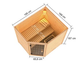 Karibu Innensauna Elea + 9kW Saunaofen + externe Steuerung - 38mm Blockbohlensauna - niedrige Deckenhöhe - Ecksauna