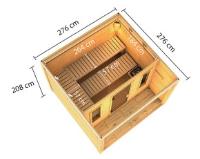 Karibu Gartensauna Bellary + Vordach + Dachfolie + 9kW Saunaofen + externe Steuerung + Zubehörset - 38mm Saunahaus - Flachdach - natur