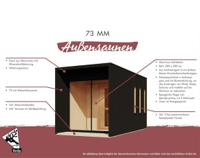 Karibu Gartensauna Bombay + Vorraum + 9kW Saunaofen + externe Steuerung + Zubehörset- 73mm Saunahaus - Flachdach - schwarz