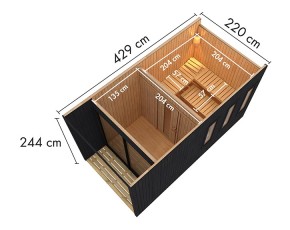 Karibu Gartensauna Bombay + Vorraum + 9kW Saunaofen + externe Steuerung + Zubehörset- 73mm Saunahaus - Flachdach - schwarz