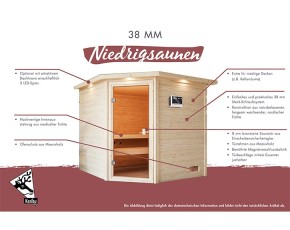 Karibu Innensauna Tabea + Fenster + Dachkranz + 9kW Bio-Kombiofen + externe Steuerung Easy bio - 38mm Blockbohlensauna - niedrige Deckenhöhe - Ecksauna