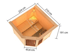 Karibu Innensauna Tabea + Fenster + Dachkranz + 9kW Bio-Kombiofen + externe Steuerung Easy bio - 38mm Blockbohlensauna - niedrige Deckenhöhe - Ecksauna