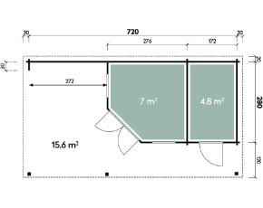 Finnhaus Wolff Holz-Gartenhaus Gunda 7238 40 + Fußboden + 2,7m Anbaudach + Rückwand - 40mm Blockbohlenhaus - 2-Raum-Gartenhaus - Flachdach - natur