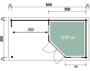 Finnhaus Wolff Holz-Gartenhaus Gemma 5025 28 + Fußboden + 2,5m Anbaudach + Rückwand - 28mm Blockbohlenhaus - 5-Eck-Gartenhaus - Walmdach - natur