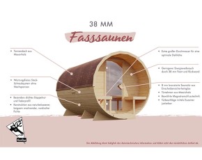 Karibu Fasssauna 1 + 9kW Saunaofen + externe Steuerung - 38mm Saunafass - Tonnendach - natur