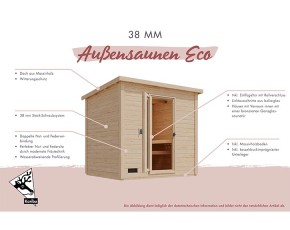 Karibu Gartensauna Hytti 0 + 9kW Saunaofen + integrierte Steuerung - 38mm Saunahaus - Pultdach - Energiespartür - natur