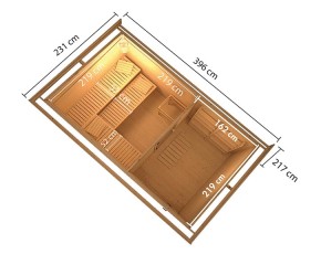 Karibu Gartensauna Hytti 6 + Vorraum + 9kW Saunaofen + integrierte Steuerung - 38mm Saunahaus - Pultdach - Energiespartür - natur